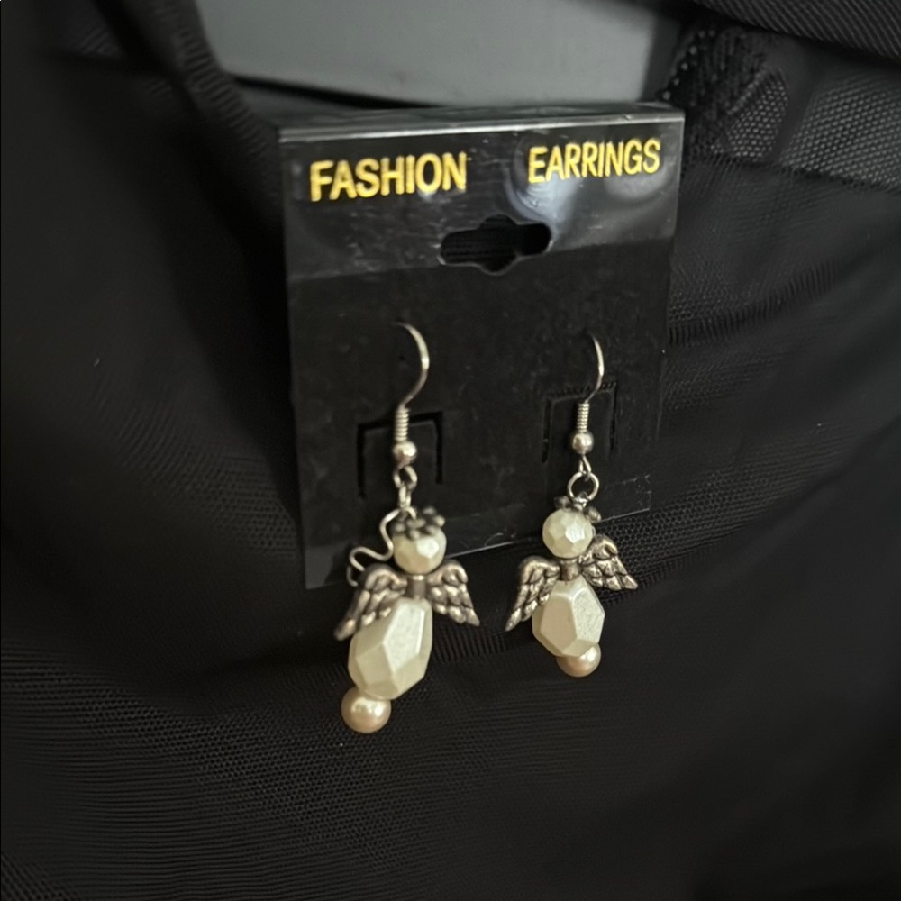 Elegant Silver and Cream Angel Earrings